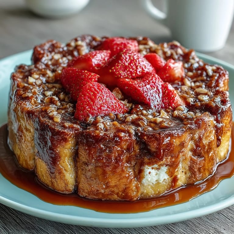 Warm strawberry French toast bake topped with almonds and sugar, ideal for family gatherings or festive breakfasts.