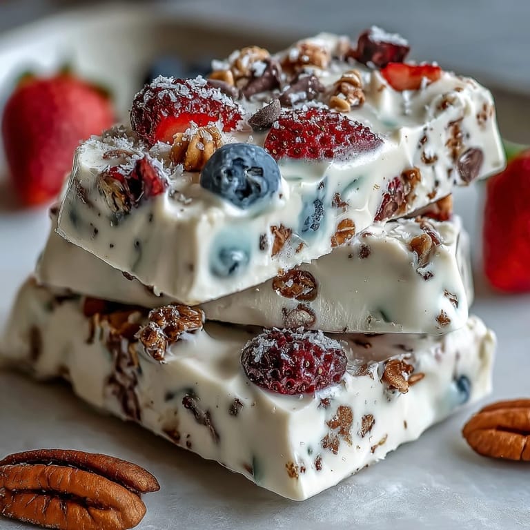 A refreshing frozen yogurt bark with berries and granola, perfect for a light, nutritious snack on hot days.