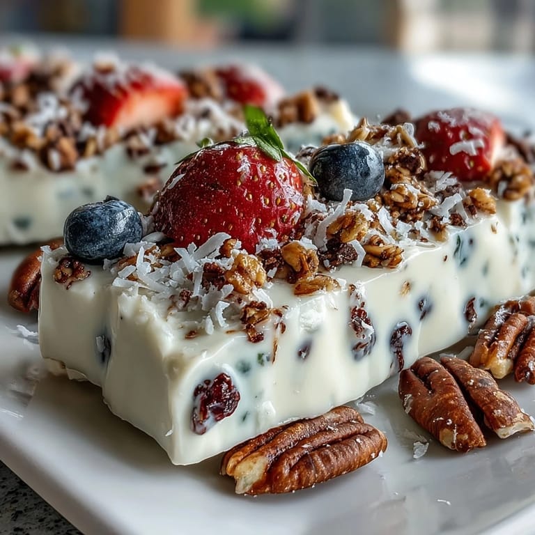 Creamy frozen yogurt bark with fresh berries and crunchy granola, a delightful and easy no-bake dessert for all ages.