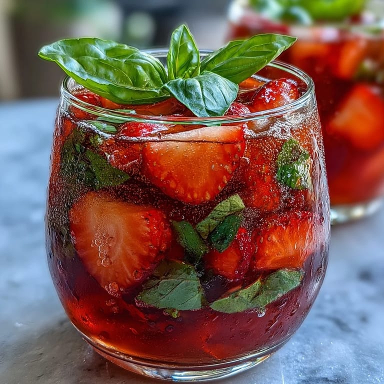 Vibrant non-alcoholic sangria with fresh strawberries, citrus wheels, and fragrant basil, served over ice in clear glasses.
