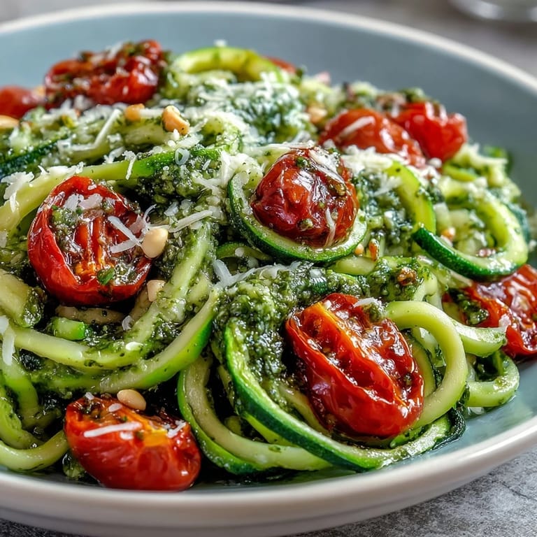 Colorful zucchini noodles coated in fragrant basil pesto, topped with sweet cherry tomatoes, a fresh and nutritious low-carb recipe.