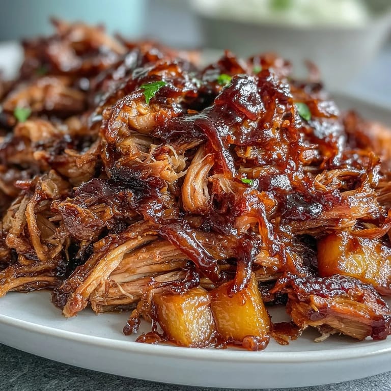 Golden honey peach BBQ pulled pork slow-cooked to sweet, smoky perfection.