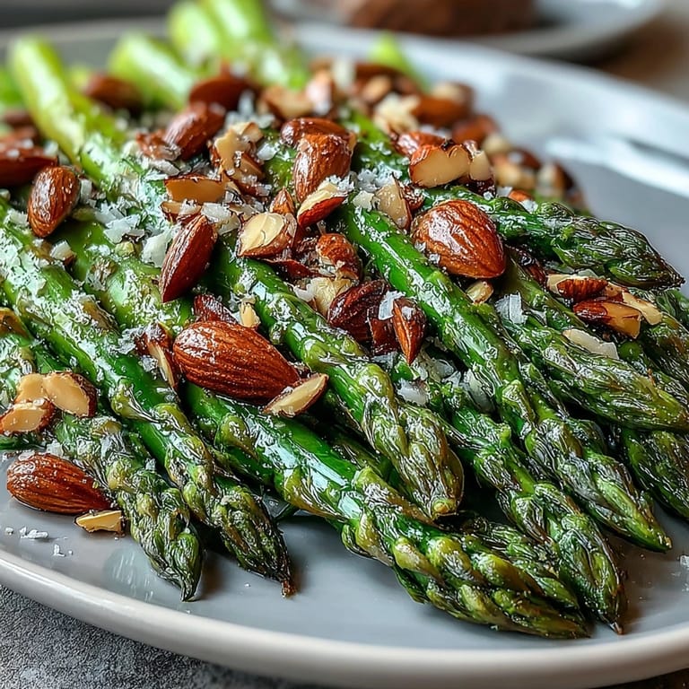 Tender asparagus spears glistening with lemon butter sauce, garnished with crunchy toasted almonds and fresh parsley.