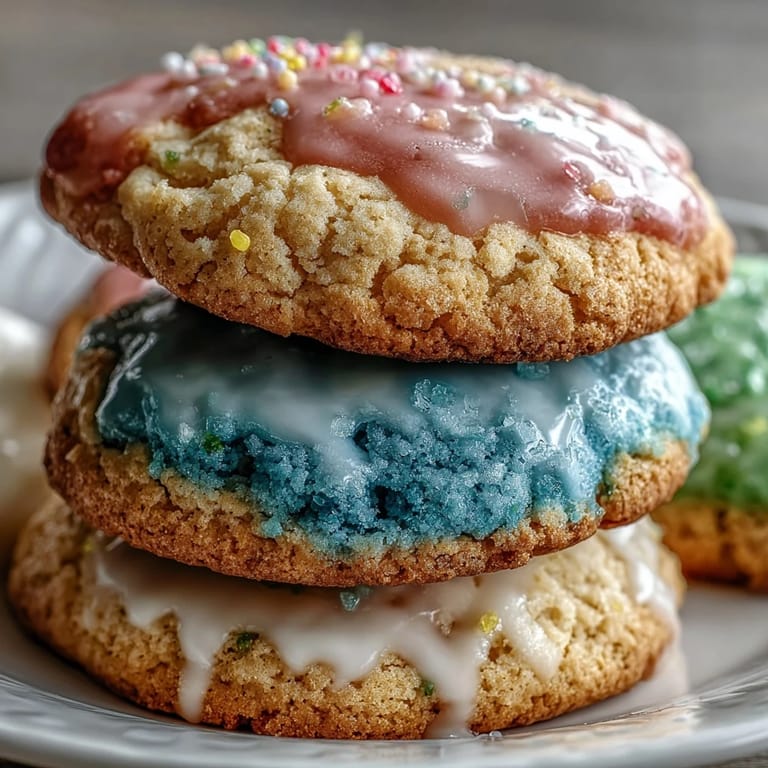 Vibrant lemon sugar cookies with colorful pastel glaze, a cheerful treat for springtime dessert platters.