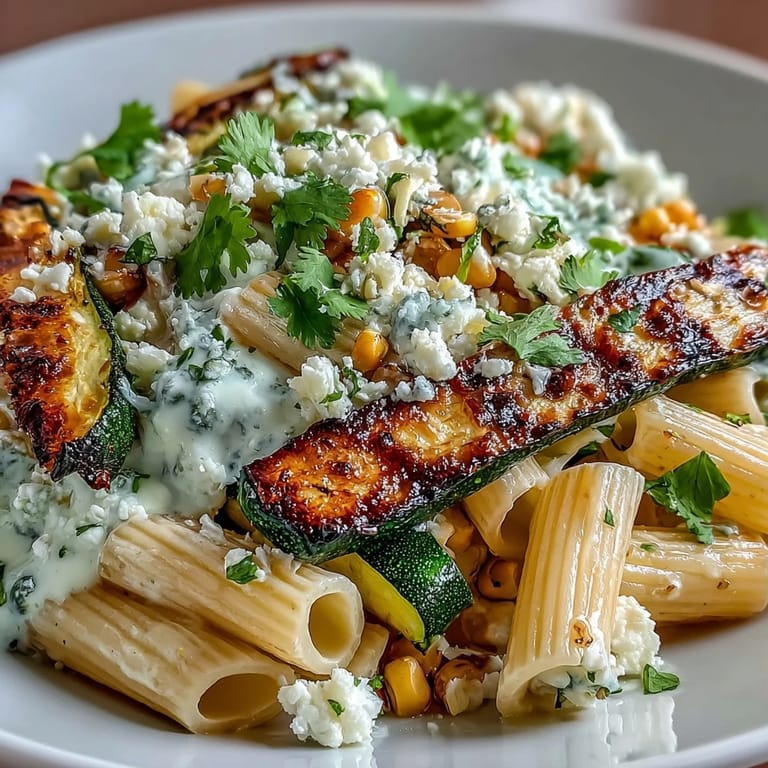 Colorful summer pasta salad featuring smoky grilled vegetables, sweet corn, and tangy Mexican cheese crumbles.  