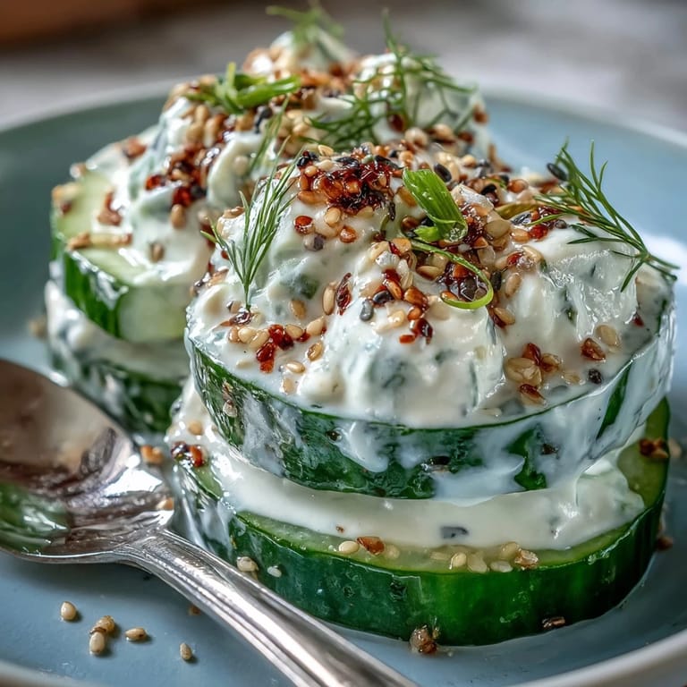 Crunchy cucumber slices coated in tangy yogurt dressing and sprinkled with savory everything bagel seasoning for a refreshing TikTok-inspired salad.  