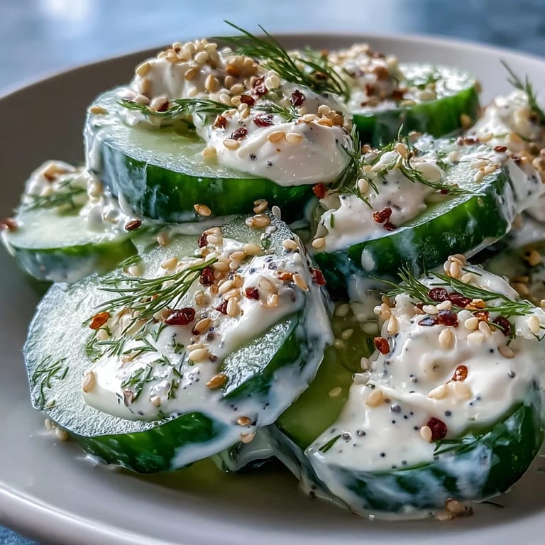 Cool cucumbers mixed with creamy dressing and everything bagel seasoning create a vibrant, easy-to-make salad bursting with flavor and texture.