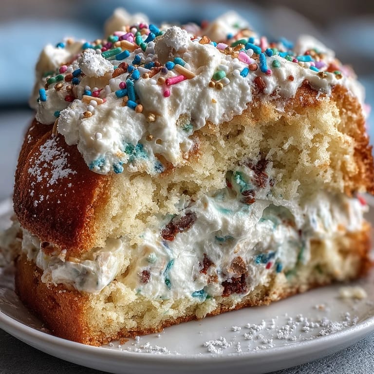 Close-up of a slice of Sprinkle Funfetti Dip Cake revealing creamy filling and vibrant rainbow sprinkles.