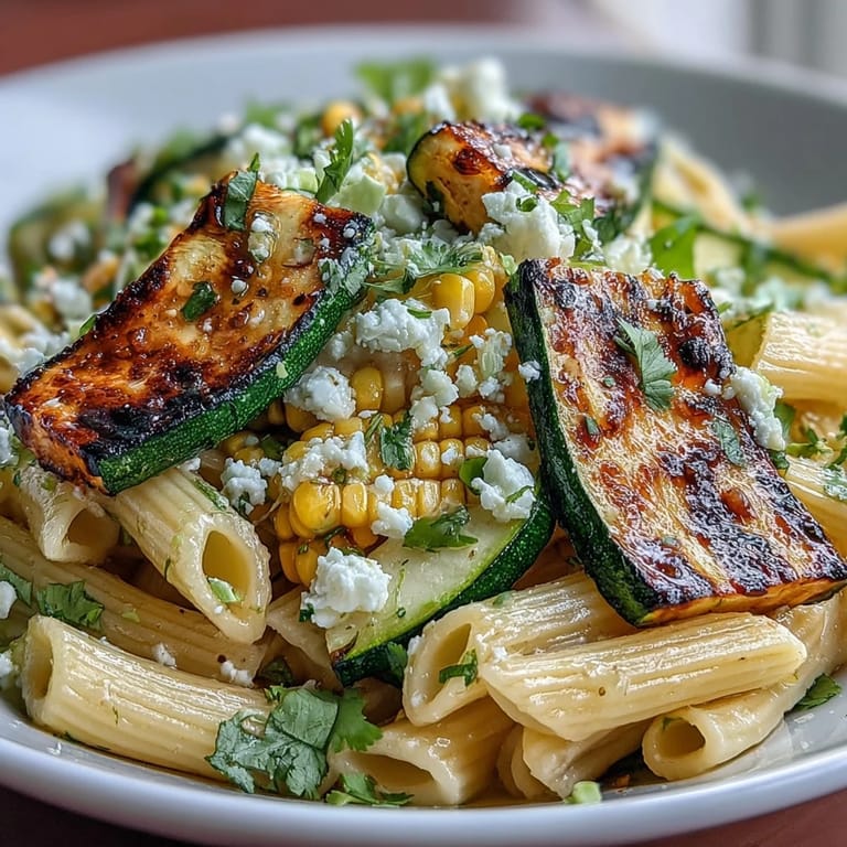 Hearty vegetarian pasta salad with charred zucchini, golden corn kernels, and creamy Cotija cheese in lime vinaigrette.