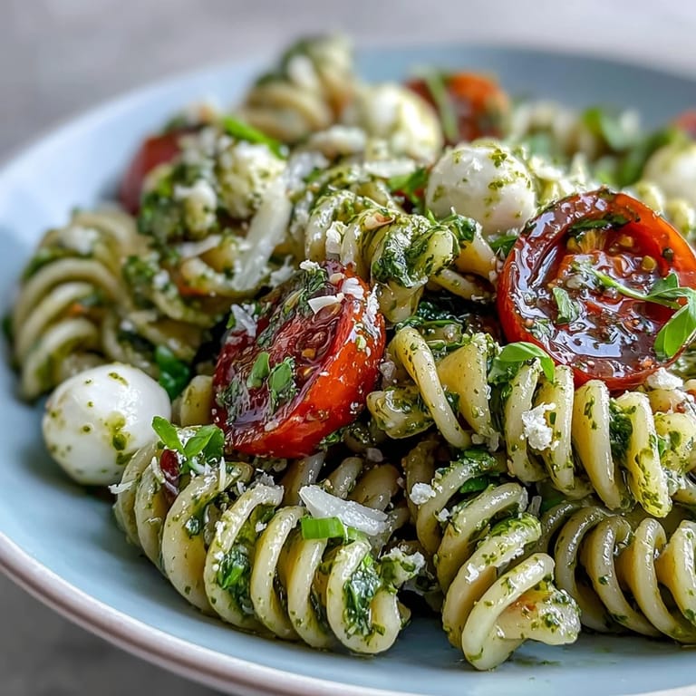 Fresh Caprese Pasta Salad featuring pesto-coated pasta, mozzarella, and tomatoes.