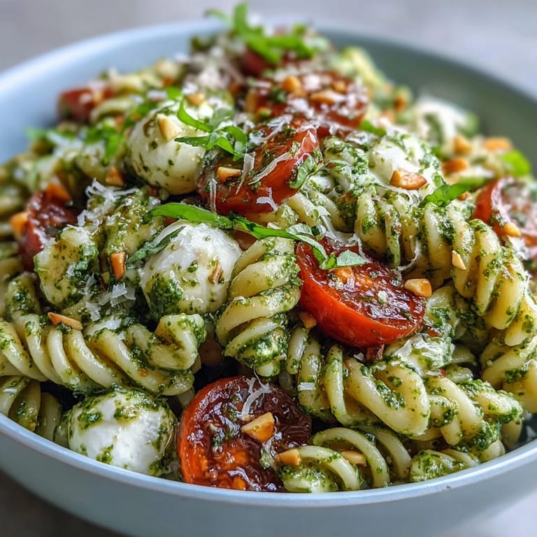 Colorful Caprese Pasta Salad, perfect for a light lunch with fresh basil.