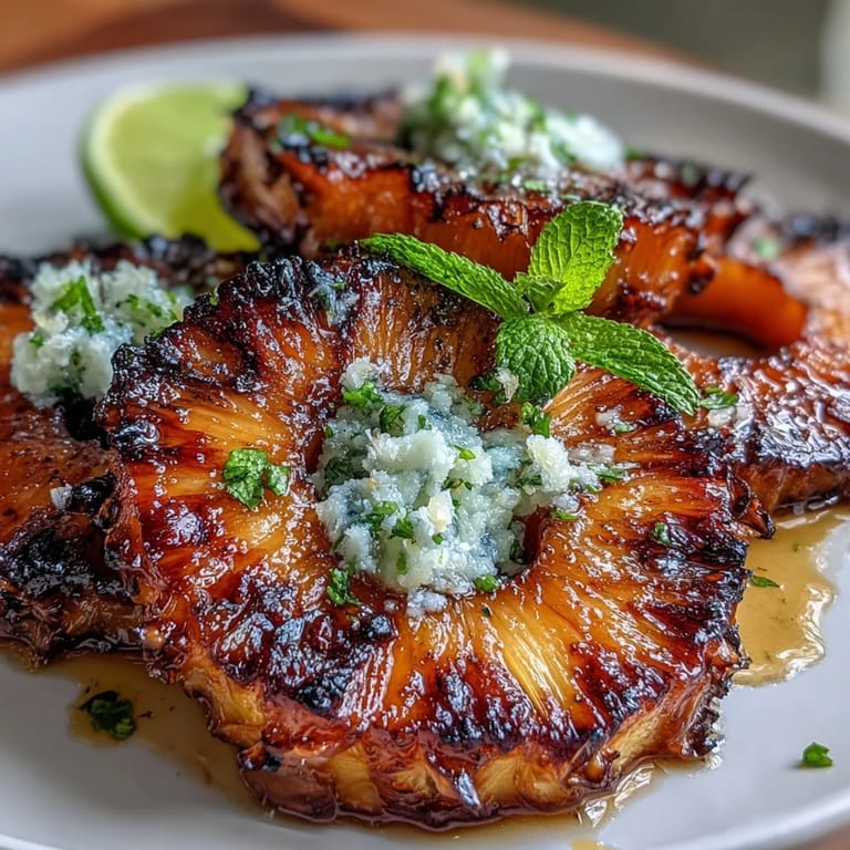 Fricy Grilled Pineapple Rings topped with vibrant, melted yuzu kosho butter and sea salt.