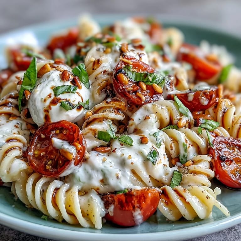 Vibrant, light Summer Caprese Pasta with burrata, ready to serve.