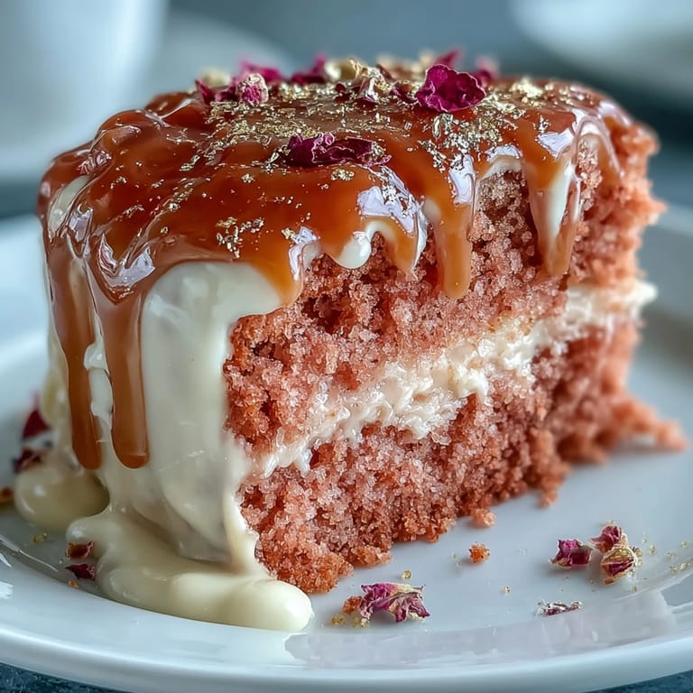 Decadent rosé velvet cake crowned with luxurious cream cheese frosting and gold accents.