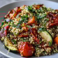 Colorful roasted vegetables like zucchini, bell peppers, and cherry tomatoes mingle with fluffy quinoa in this vibrant vegetable pilaf.  
