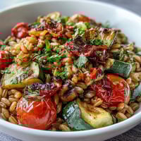 Golden-brown roasted vegetables like zucchini, bell pepper, and cherry tomatoes piled high on nutty, chewy farro, finished with fresh parsley.