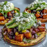 Crispy tostada shells topped with smoky Black Bean and Sweet Potato Tostadas, fresh avocado slices, and a sprinkle of feta.
