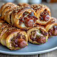 Bite-sized hot dogs wrapped in flaky crescent roll dough, golden and warm, perfect for game day snacking.