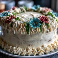 Elegant layered vanilla cake adorned with floral buttercream, celebrating Taurus and graduation themes in a stunning dessert centerpiece.