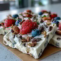 Frozen yogurt bark with berries and granola, a colorful, healthy summer treat with creamy yogurt and juicy berries.