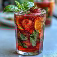 Strawberry Basil Sangria Mocktail in a glass pitcher with fresh basil and citrus slices, a vibrant alcohol-free summer drink.  