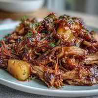 Slow cooker honey peach BBQ pulled pork with juicy peaches and tender meat.