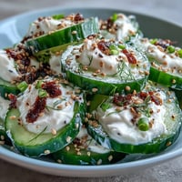 Fresh cucumber salad tossed in creamy everything bagel dressing with green onions and dill, perfect for a light lunch or healthy snack.  