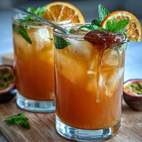 A vibrant tropical sunrise mocktail with passionfruit and orange, beautifully layered in tall glasses.  