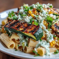 Pasta salad with grilled zucchini, corn, and Cotija cheese, topped with a zesty lime dressing and fresh cilantro.  