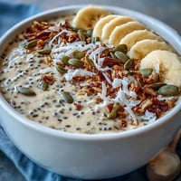 Creamy high fiber smoothie bowl with banana, topped with fresh fruits and granola.