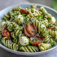 Vibrant Caprese Pasta Salad with juicy tomatoes and creamy mozzarella pearls.