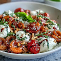 Creamy Summer Caprese Pasta with Burrata and fresh basil on a plate.